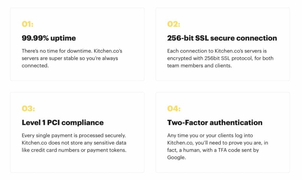 Four different types of security offerings by Kitchen.co for secure client access.