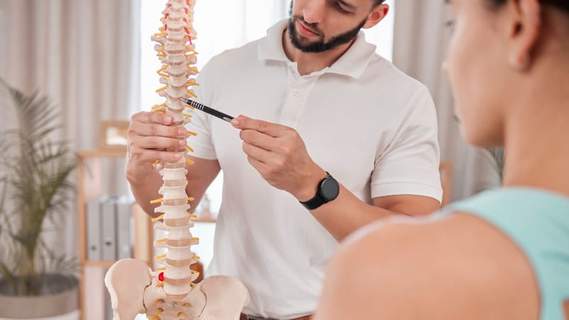 Chiropractor, spine and anatomy with a medical skeleton for advice and diagnosis of injury during physiotherapy with therapist and patient. Man talking to woman for chiropractic and physical therapy