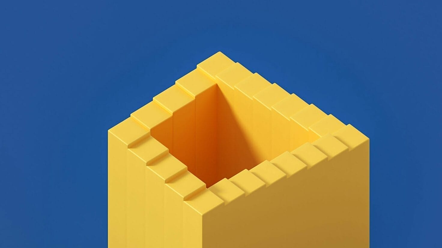 A yellow, hollow, rectangular paradox block with interlocking edges sits on a blue surface, viewed from above at an angle—symbolizing the building blocks of sustainable marketing growth for service professional marketing.
