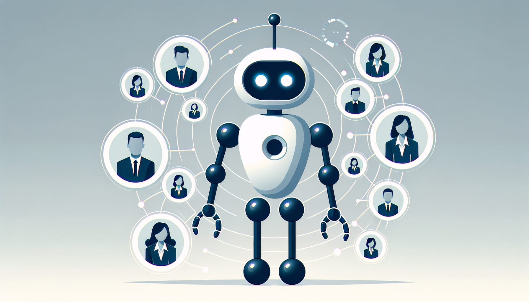 A robot stands in the center with illustrated professional profiles of men and women clients connected around it, representing artificial intelligence taking work from humans.